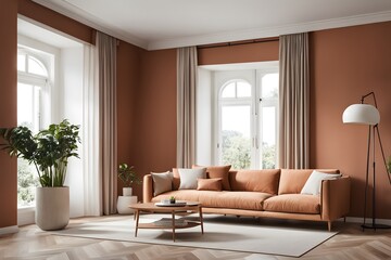 Stylish Scandinavian Home: Terra Cotta Sofa & French Window in Living Room