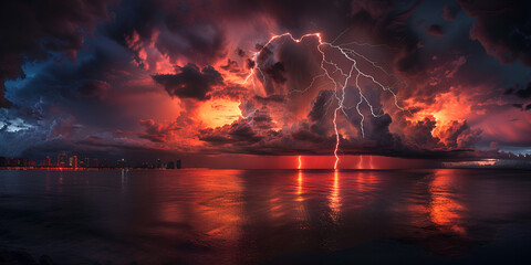 Bright lightning in a raging sea A strong storm in the ocean and clouds on the earth Dramatic sky dark night, thunderstorm, majestic mountains of clouds and power of raging nature Raster illustration. - obrazy, fototapety, plakaty