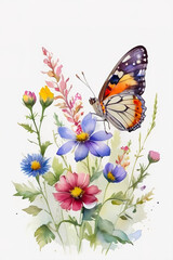 Butterfly on colorful flowers, watercolor illustration, isolated on white background