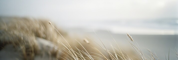 Beach Grass in Soft Focus with Sandy Shore and White Sky. Generative AI.
 - obrazy, fototapety, plakaty