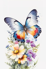Watercolor butterfly with flowers isolated on white background. Hand drawn illustration.