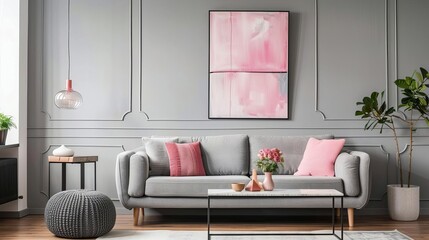 Contemporary living room interior, minimalist design with grey couch, pink accessories, and modern abstract art