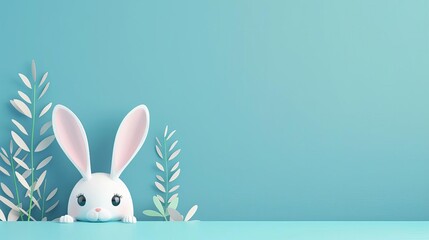 Curious Bunny Peeping Out of Blue Wall, Springtime Easter Celebration Banner Concept Illustration