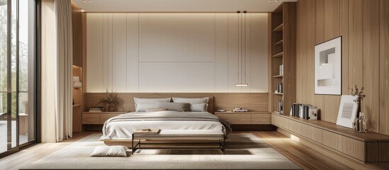 Side view of modern master bedroom with white and wooden walls, wooden floor, king size bed, bookcase and mock up poster.