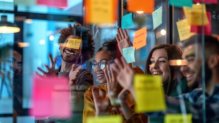 Obraz premium View through the glass of a group of businessmen Cheer each other to win ideas. While brainstorming with sticky notes on a glass wall in a modern office Contrast the emphasis on the notes on the wall.