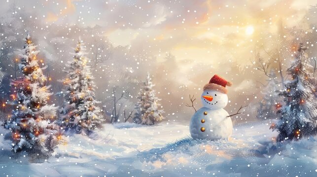 Festive Christmas snowman in a snowy winter landscape with pine trees and warm golden lights, oil painting