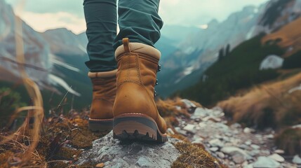 Hiker's leather boots in motion on scenic mountain trail with determination and adventure - obrazy, fototapety, plakaty