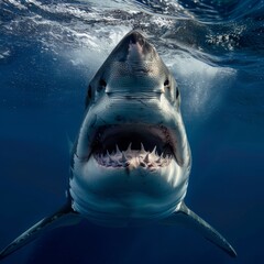 Here is the image created based on your description It visualizes a great white shark in its...