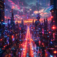 Fototapeta premium Futuristic city, neon lights, advanced technology, merging with alternate realities, blurring boundaries of existence, Realistic, Backlights, HDR