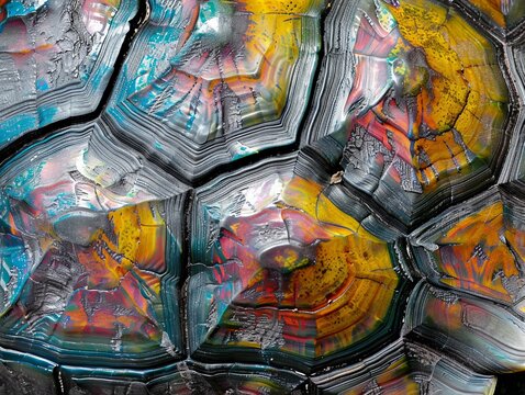 The image represents Turtles swimming with stained glass background