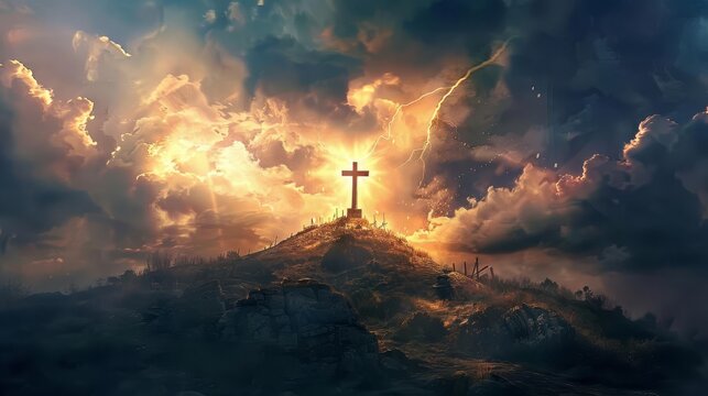 Holy cross illuminated by heavenly light and clouds above Golgotha Hill, symbolic Christian digital painting