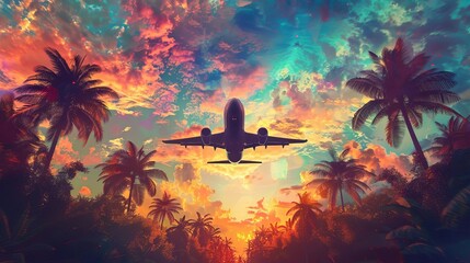 Majestic Airplane Soaring Above Tropical Palm Trees at Sunset, Wanderlust-Inspiring Travel and Vacation Concept, Vibrant Digital Painting - obrazy, fototapety, plakaty