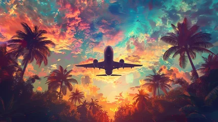 Fotobehang Majestic Airplane Soaring Above Tropical Palm Trees at Sunset, Wanderlust-Inspiring Travel and Vacation Concept, Vibrant Digital Painting © Jelena