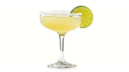 Margarita cocktail with salted rim, garnished with lime slice, isolated on white background