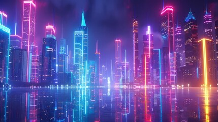 Fototapeta premium Neon cyberpunk cityscape with glowing neon lights and futuristic architecture, 3d render