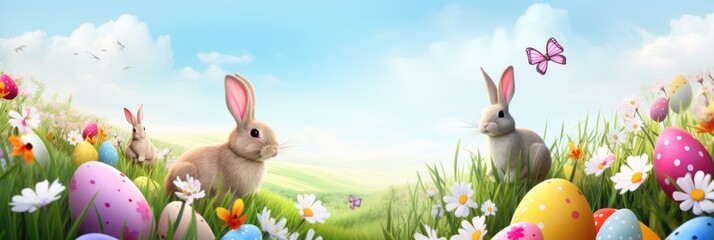Easter eggs and rabbit in grass under cloudy sky illustration with copy space, Easter bunny sitting on grass with colorful easter eggs - obrazy, fototapety, plakaty