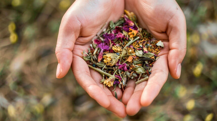 A pair of hands holding a bundle of dried herbs and flowers used in traditional Chinese medicine to create healing herbal blends and teas. The caption reads The power of nature