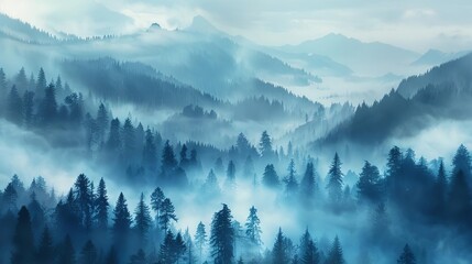 Spectacular mountain forest shrouded in mystical morning fog, dreamy landscape digital painting - obrazy, fototapety, plakaty