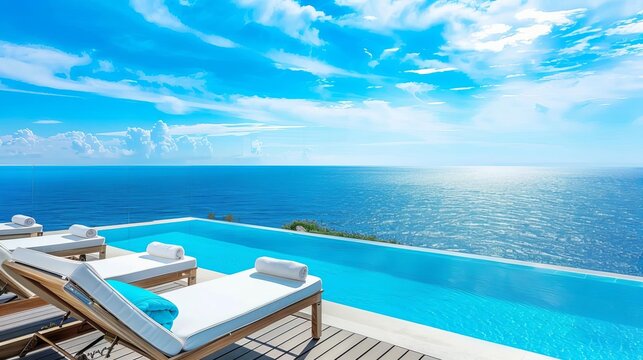 Tranquil Sea View from Luxury Hotel Balcony, Infinity Pool and Sunbeds Travel Photography