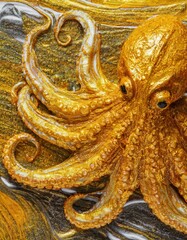 Pintura abstracta y arte de texturas inspiradas en un pulpo dorado.