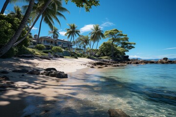 Fototapeta na wymiar Sunny beach with palm trees and house by water, under blue sky