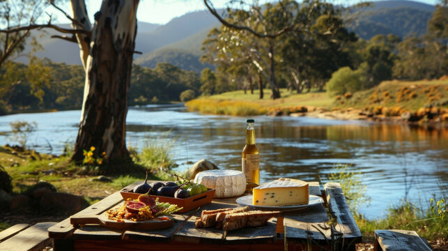 A scenic drive along a winding river stopping at a secluded spot to enjoy a spread of artis cheeses fig jam and bread from a nearby bakery.