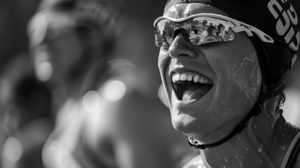 The elated and exhausted face of a triathlete as they complete the final leg of the race.