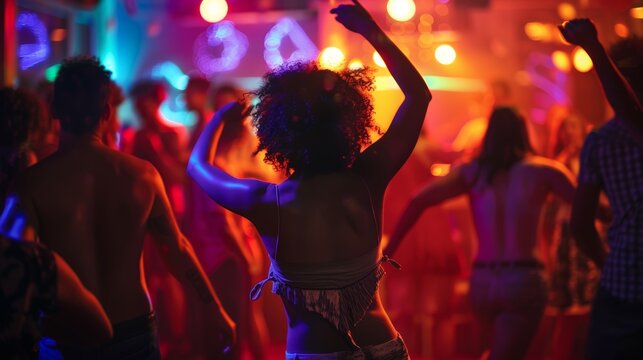 photography of a crowd of people dancing in a club in the night with loud music and colorful bright lights. having fun and enjoying each other. wallpaper background 16:9