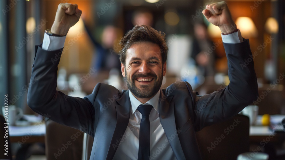 Canvas Prints A man in a suit is smiling and holding his hands up in the air