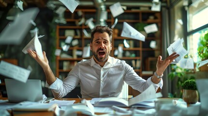 A man is sitting at a desk with papers flying everywhere - obrazy, fototapety, plakaty