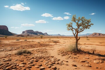 Fototapeta na wymiar A lone tree stands tall in the barren desert landscape under the vast sky