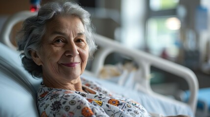 A woman in a hospital bed is smiling