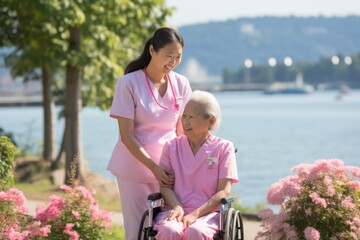 Naklejka premium Woman in Wheelchair With Woman in Pink Dress