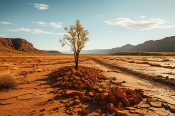 A lone tree springs from a rocky desert landscape under a clear sky - Powered by Adobe