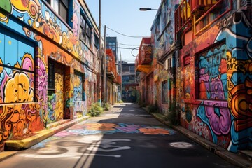 Vibrant graffiti adorns narrow alleyway in urban neighborhood