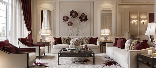 Luxurious interior design of a villa living room featuring a sophisticated blend of white, burgundy, and beige for an upscale look.