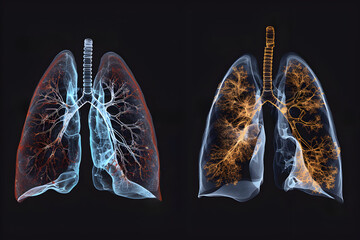 Creative comparative image featuring side-by-side MRI scans of healthy lungs and those of a habitual smoker, emphasizing the stark contrasts in tissue health, Lung disease. Smoker affected. PM 2.5  - obrazy, fototapety, plakaty