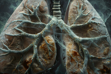MRI scan image showing the lungs of a regular smoker, highlighting the textured differences and discolorations compared to healthy lungs.