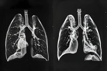 Creative MRI scan of lungs with a subtle mass hidden within the tissue, demonstrated in a side-by-side comparison with a normal lung scan for educational contrast.Lung disease. PM 2.5  - obrazy, fototapety, plakaty