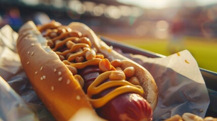 The smell of traditional ballpark snacks like hot dogs and peanuts wafting through the air. - obrazy, fototapety, plakaty