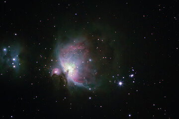 The Orion Nebula (also known as Messier 42) is a diffuse nebula situated in the Milky Way, being south of Orion's Belt in the constellation of Orion