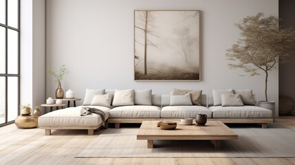 Interior design of modern trending living room inspired by scandinavian minimalism and elegance 