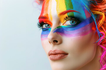 Transsexual woman close up portrait wearing rainbow colorful make up for pride month