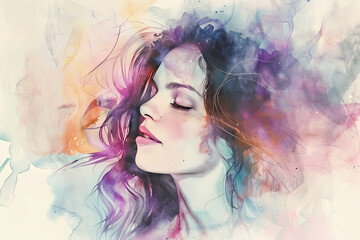 Soulful Reverie. Immersed in a dreamscape, a woman's closed eyes and soft features emerge from a vibrant burst of watercolor pastels.

