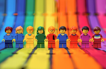 Fototapeta premium Row of lego characters with rainbow colors representing LGBT community for pride month celebration