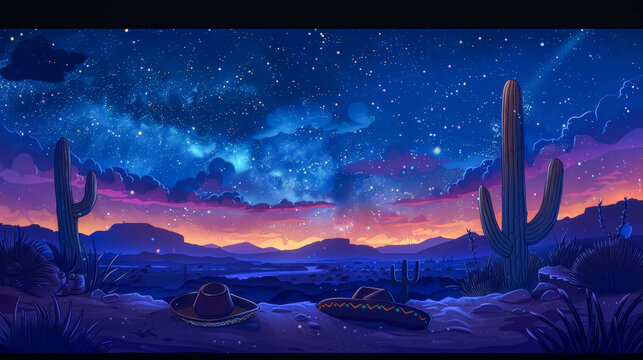 This captivating digital illustration depicts a vivid night sky with the Milky Way above a serene desert landscape, complete with cacti and a resting sombrero.