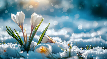 Spring flowers and grass growing from the melting snow, with blue sky and sunshine in the background, representing the concept of spring coming and winter leaving. - obrazy, fototapety, plakaty