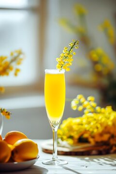 Mimosa cocktail, on a table, minimalistic arrangement, bright colors, orange and champagne in champagne glass and flowers