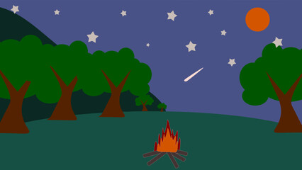 Illustrated landscape at night, consisting of mountains, trees, the moon, stars and bonfires. with a quiet atmosphere