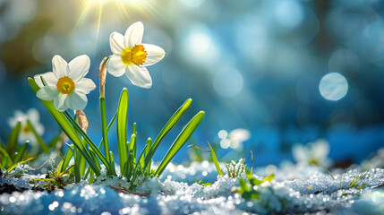 Spring flowers and grass growing from the melting sun with a blue sky and sunshine in the background, symbolizing the arrival of spring and the departure of winter.